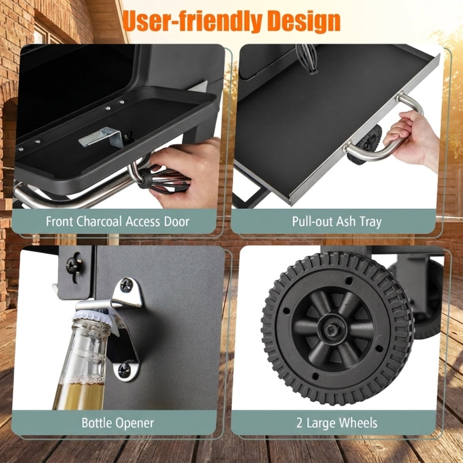 Biotree Outdoor BBQ Charcoal Grill with 2 Foldable Side Table and Wheels for Outdoor Backyard Camping Patio BBQ, Black