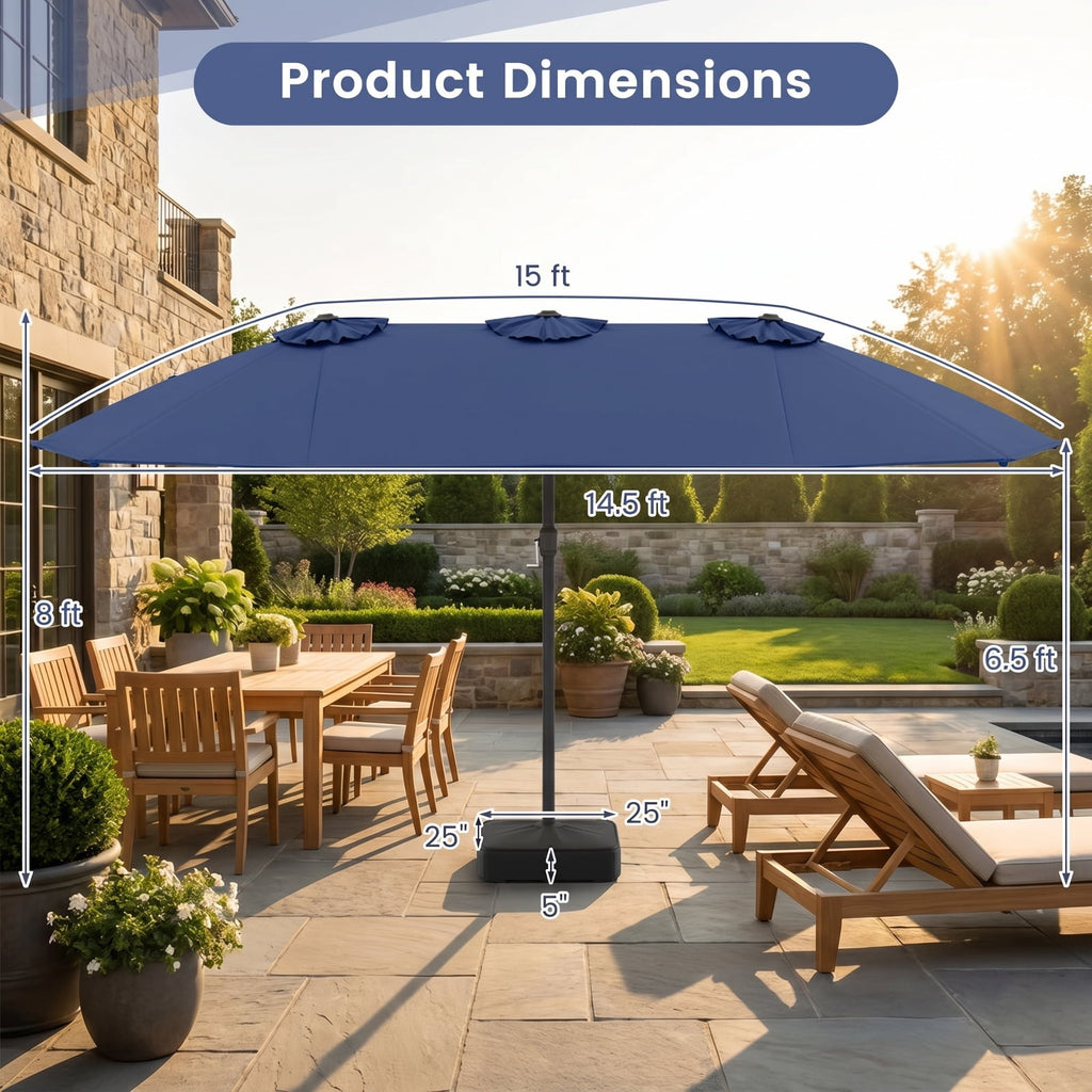 Biotree 15 ft Double-Sided Twin Patio Umbrella Crank Tilt Outdoor Shade - Blue - UV Protection with Cross Base