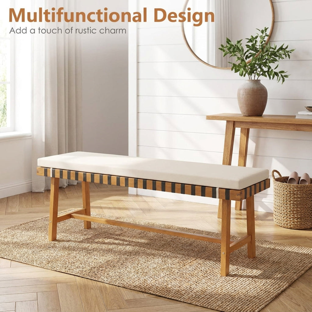 Biotree 48 Inch Acacia Wood Outdoor Bench with Thick Padded Seat Cushion Stackable Patio Chair for Garden BackyardNatural+Off White