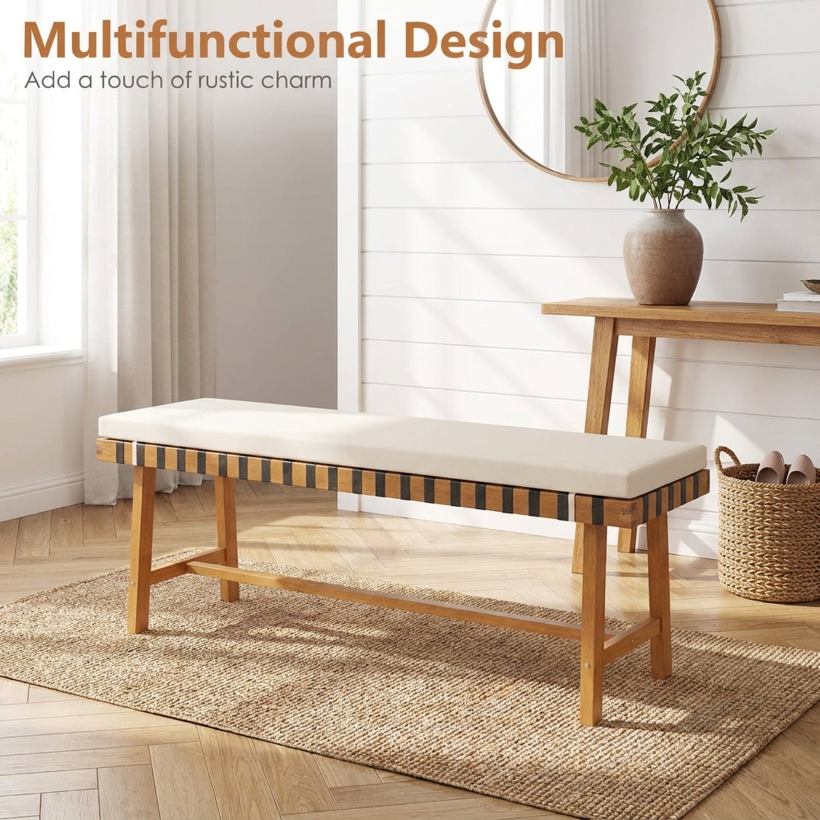 Biotree 48 Inch Acacia Wood Outdoor Bench with Thick Padded Seat Cushion Stackable Patio Chair for Garden BackyardNatural+Off White