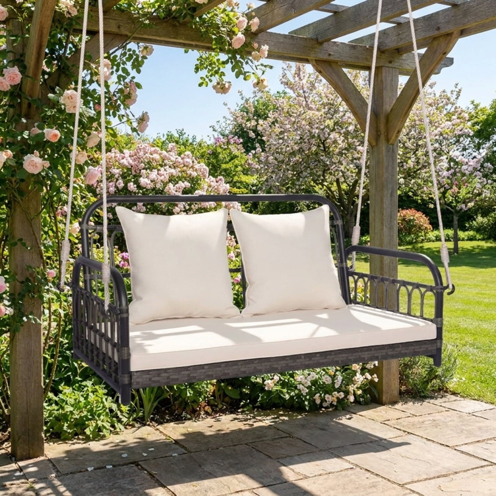 Biotree 2-Person Outdoor Hanging Chair with Ropes for Patio Porch Garden Backyard Outdoor, Gray