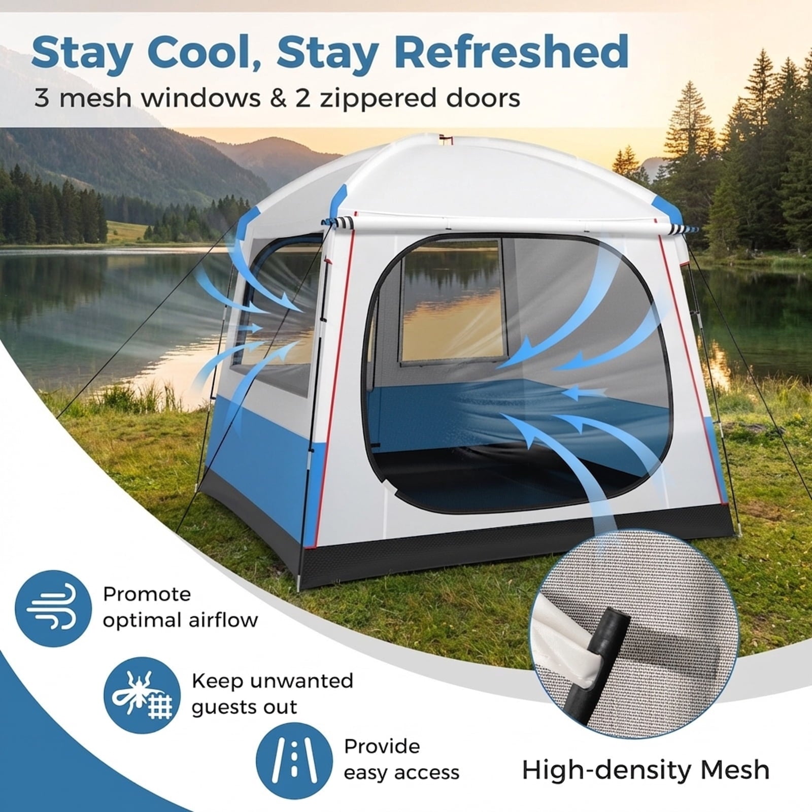 Biotree 5 Person Camping Tent with Mesh Windows and Carrying Bag for Family Camping Hiking, White