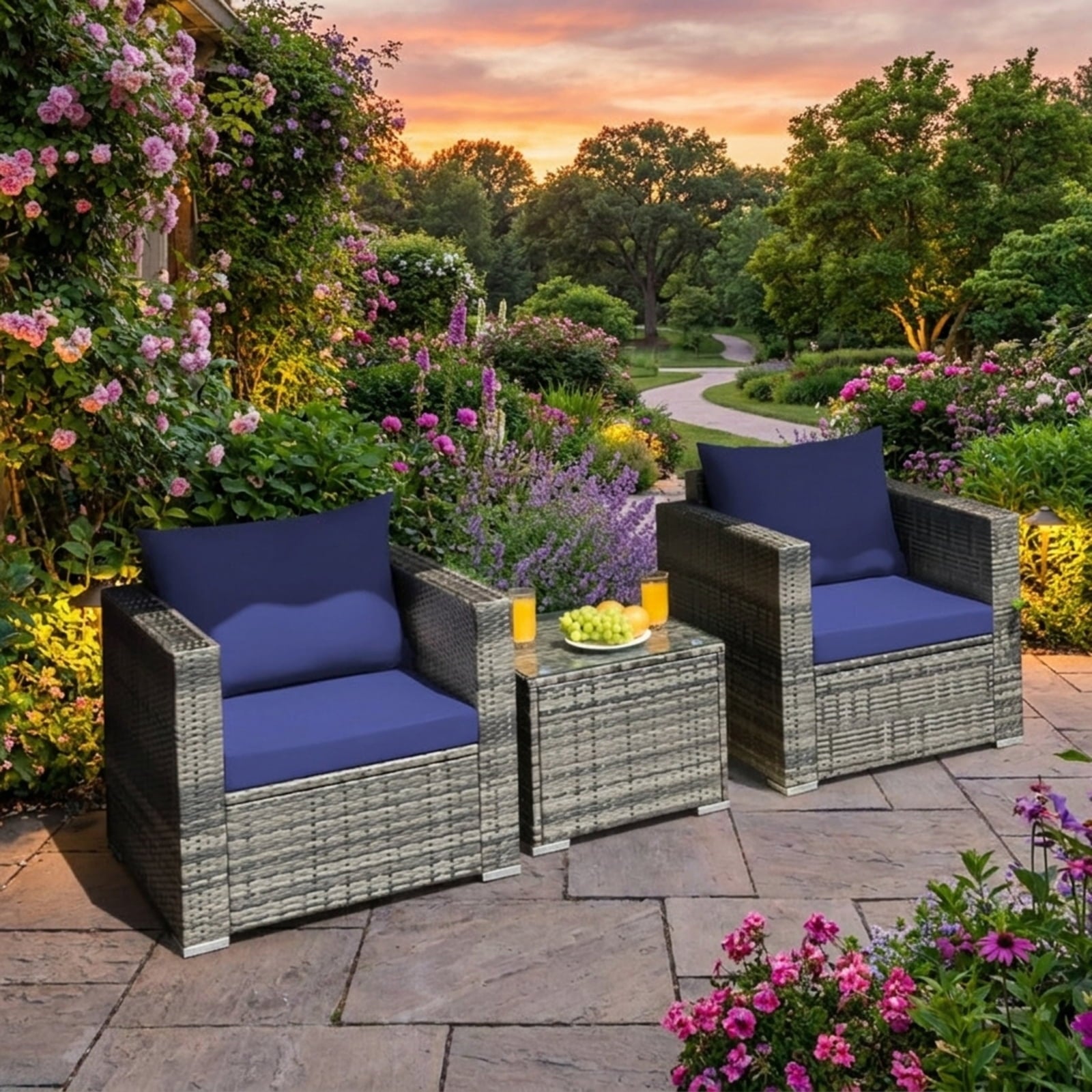 Biotree 3 Pcs Patio Rattan Furniture Bistro Sofa Set with Cushioned Outdoor Conversation Set for Garden Backyard PorchNavy