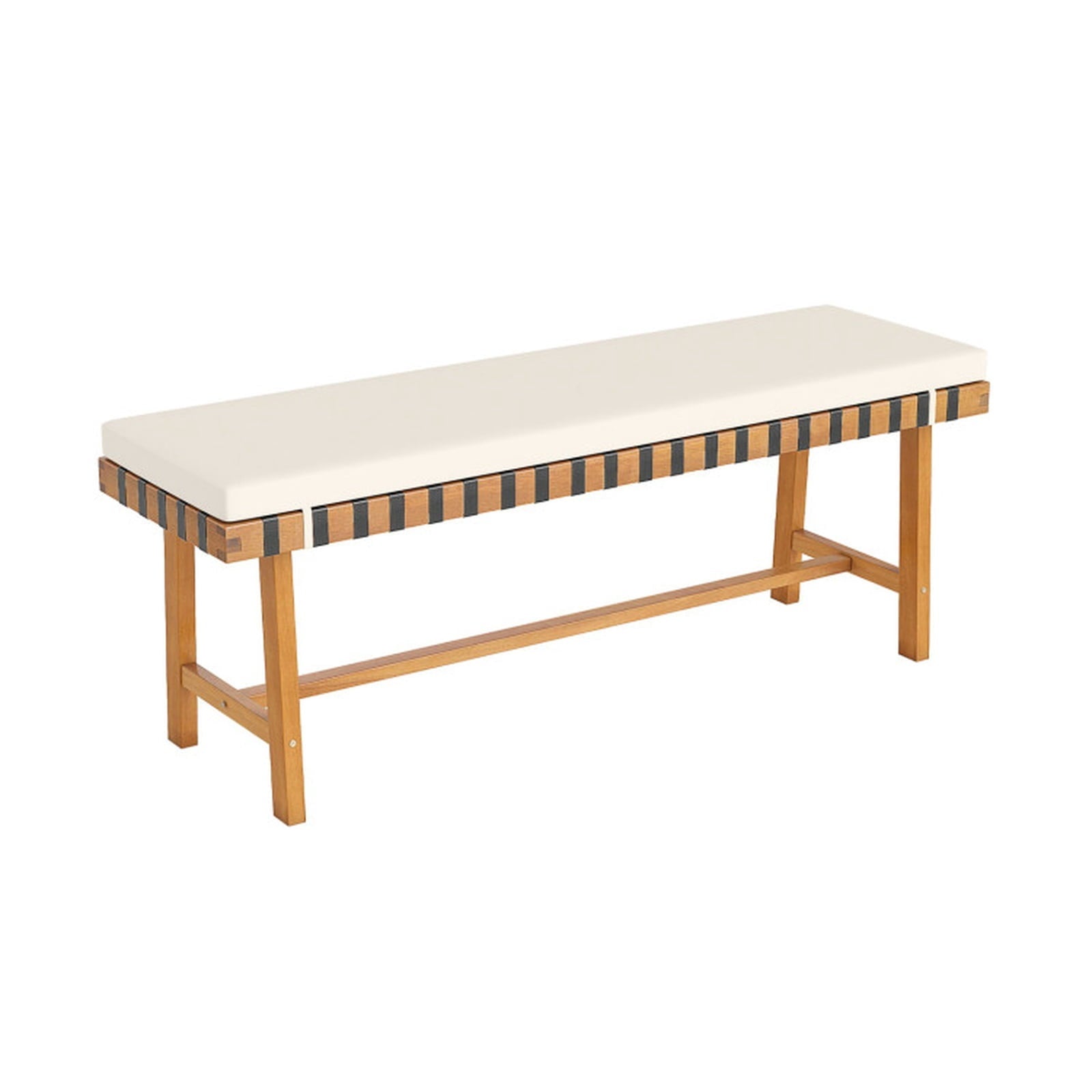 Biotree 48 Inch Acacia Wood Outdoor Bench with Thick Padded Seat Cushion Stackable Patio Chair for Garden BackyardNatural+Off White
