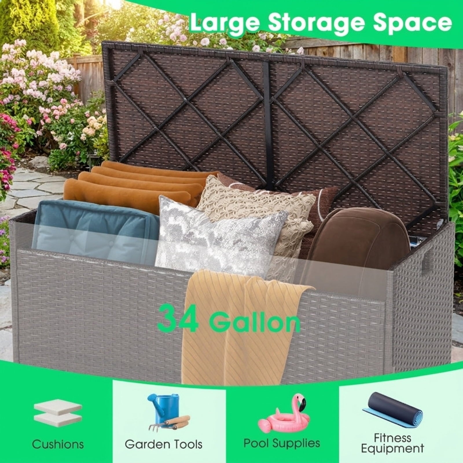 Biotree 34 Gallon Patio Storage Bench with Seat Cushion and Zippered Liner Outdoor Waterproof for Patio Deck Garden Cushions, Brown