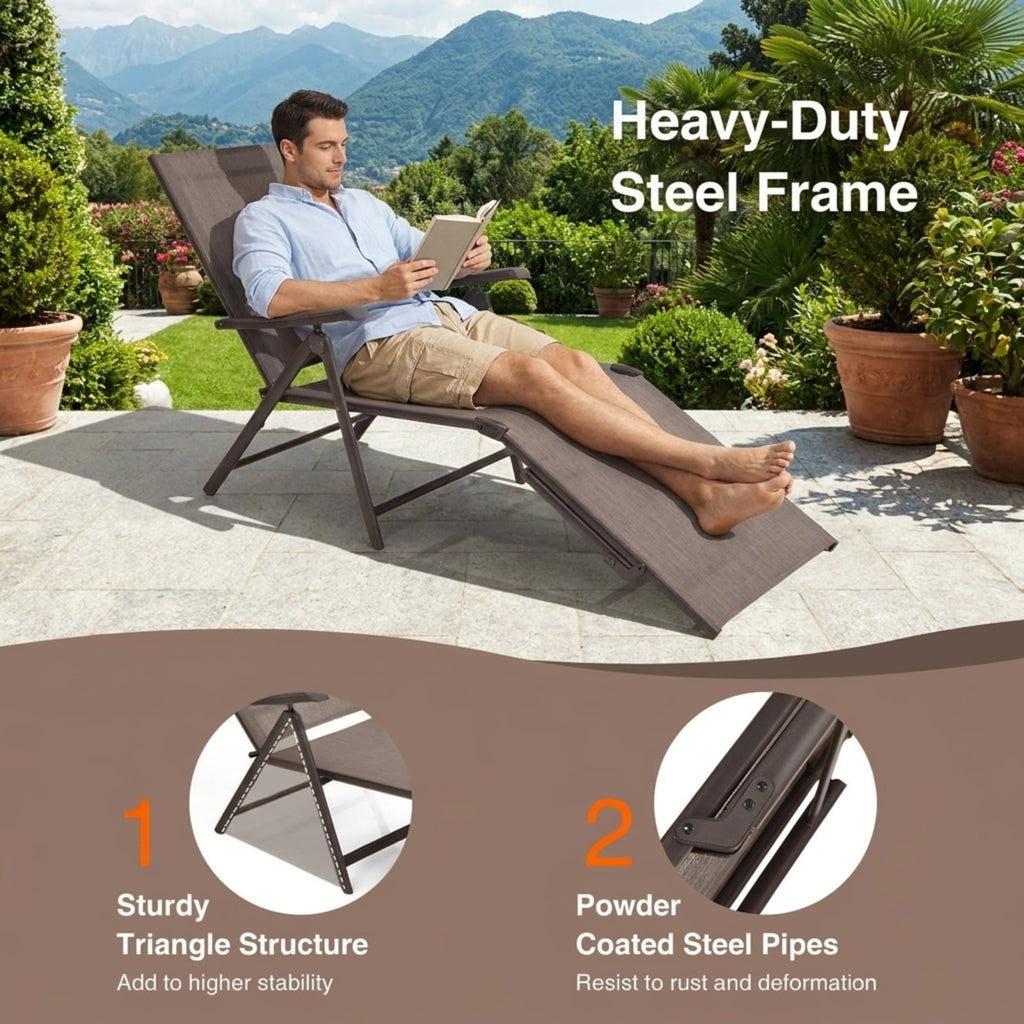 Biotree 2 Pieces Foldable Chaise Lounge Chair with 2-Position Footrest Stackable Patio Chair for Garden BackyardBrown