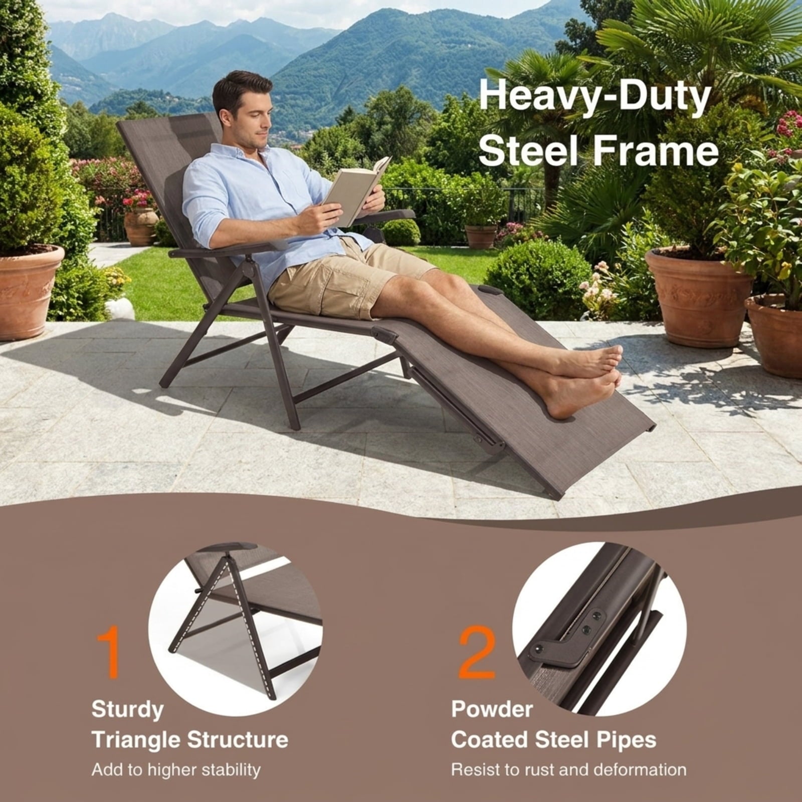 Biotree 2 Pieces Foldable Chaise Lounge Chair with 2-Position Footrest Stackable Patio Chair for Garden BackyardBrown