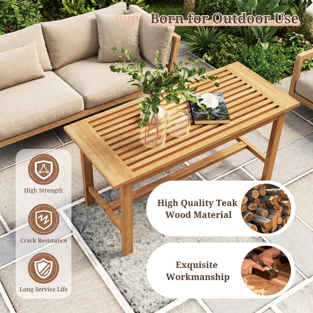 Biotree Patio Coffee Table 36 Inch Rectangular Outside Side Table with Slatted Tabletop, Natural