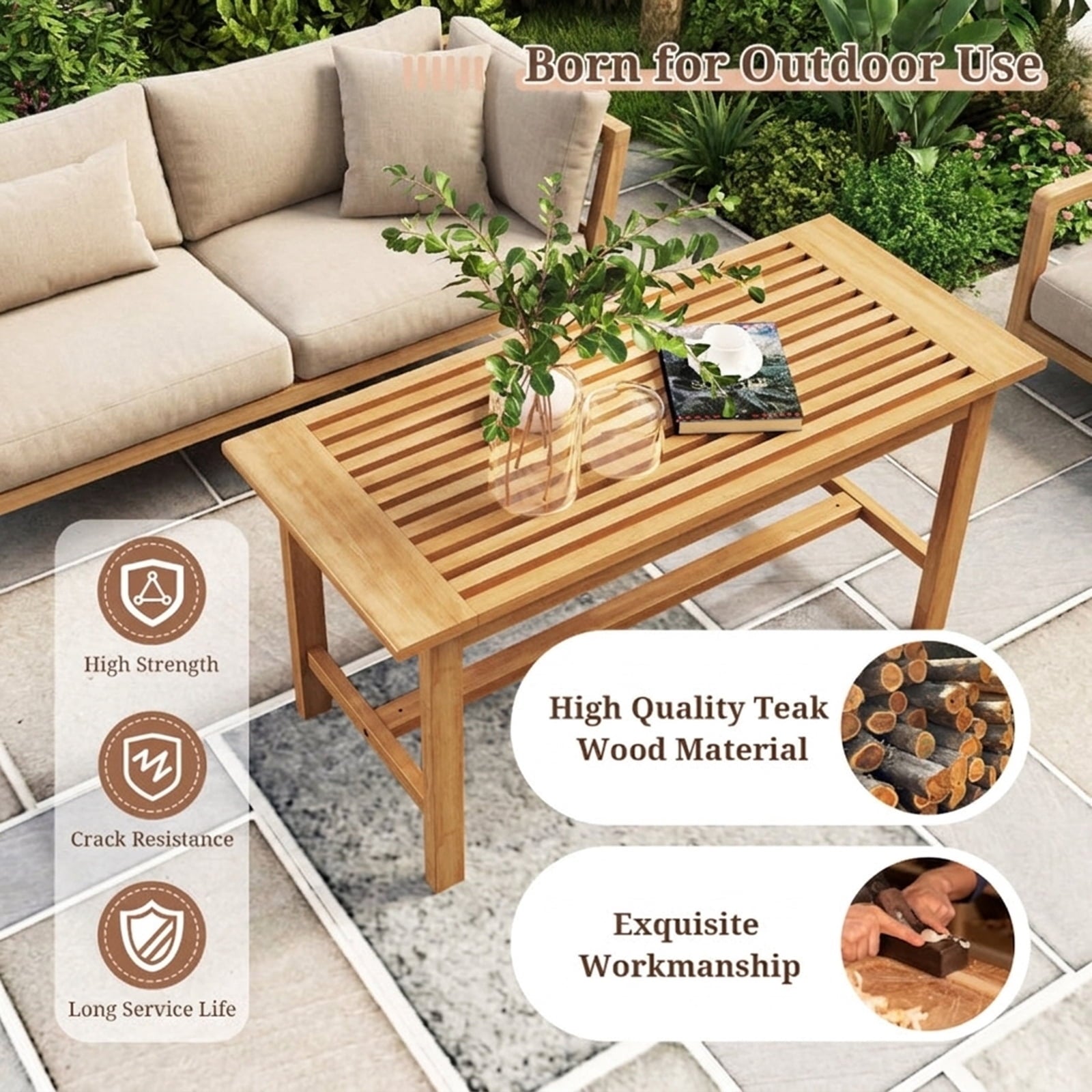 Biotree Patio Coffee Table 36 Inch Rectangular Outside Side Table with Slatted Tabletop, Natural