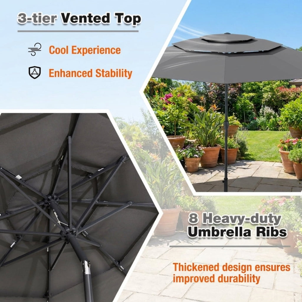 Biotree 10 FT Patio Umbrella, 3-tier Vented Patio Umbrella with Push Button Tilt for Patio Garden Backyard Pool, Brown