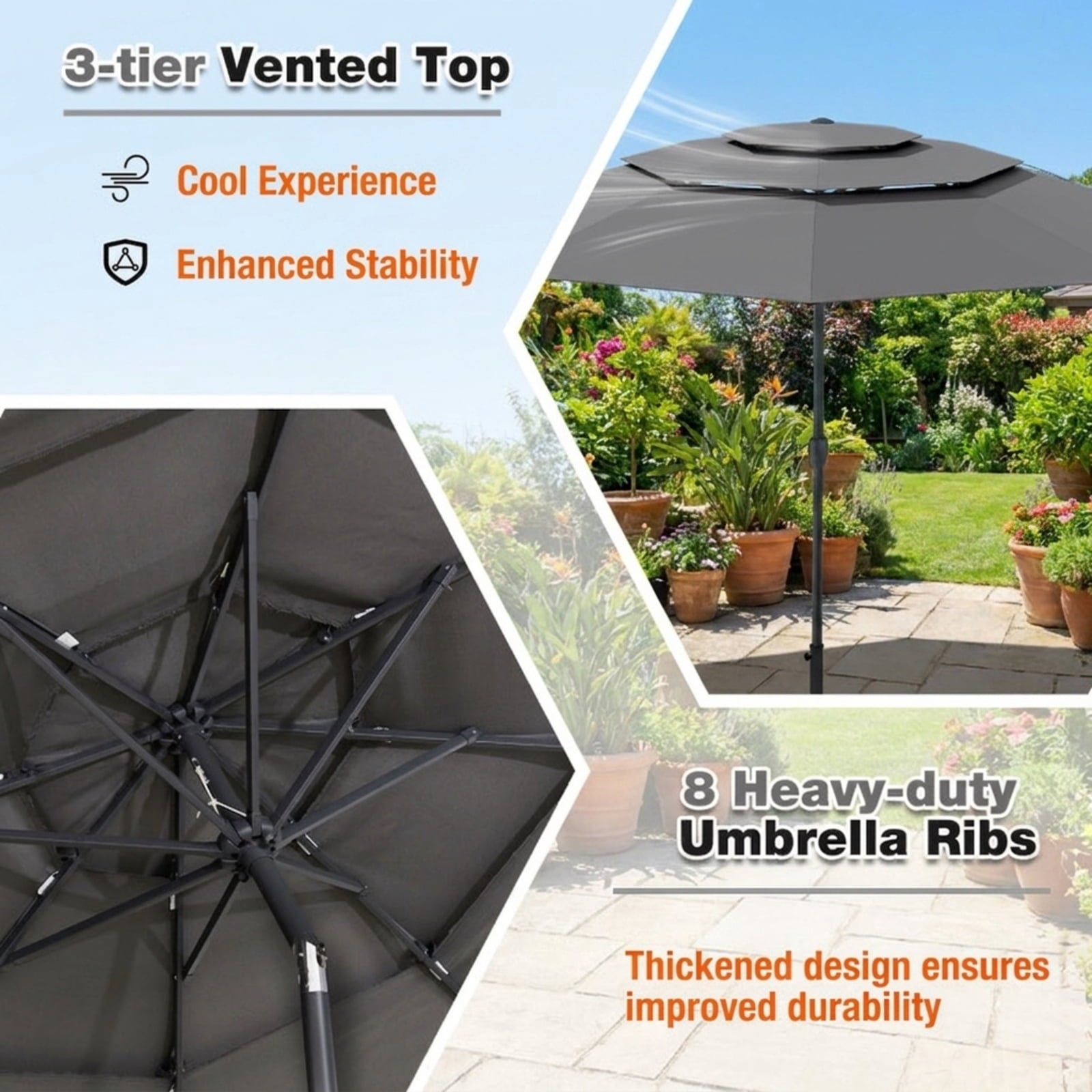 Biotree 10 FT Patio Umbrella, 3-tier Vented Patio Umbrella with Push Button Tilt for Patio Garden Backyard Pool, Brown