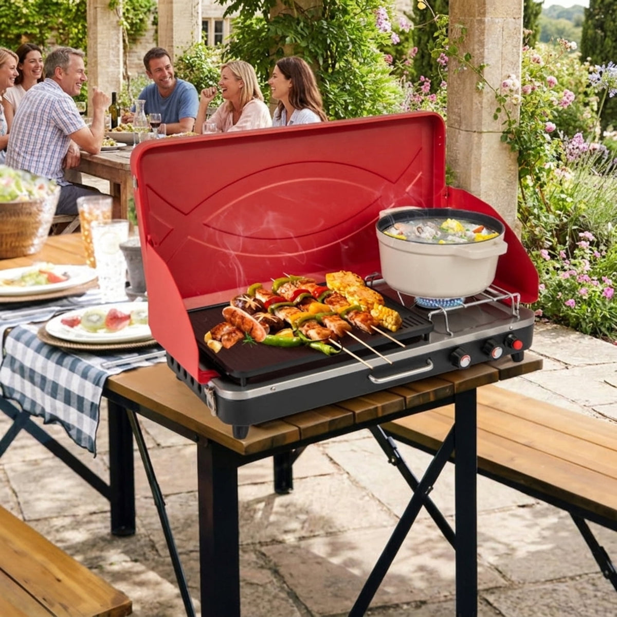 Biotree 2-in-1 Portable Gas Camping Grill and Stove, 20,000 BTU Propane Tabletop BBQ Grill, Foldable Camp Stove with Detachable Legs for Camping Picnic Backyard Red