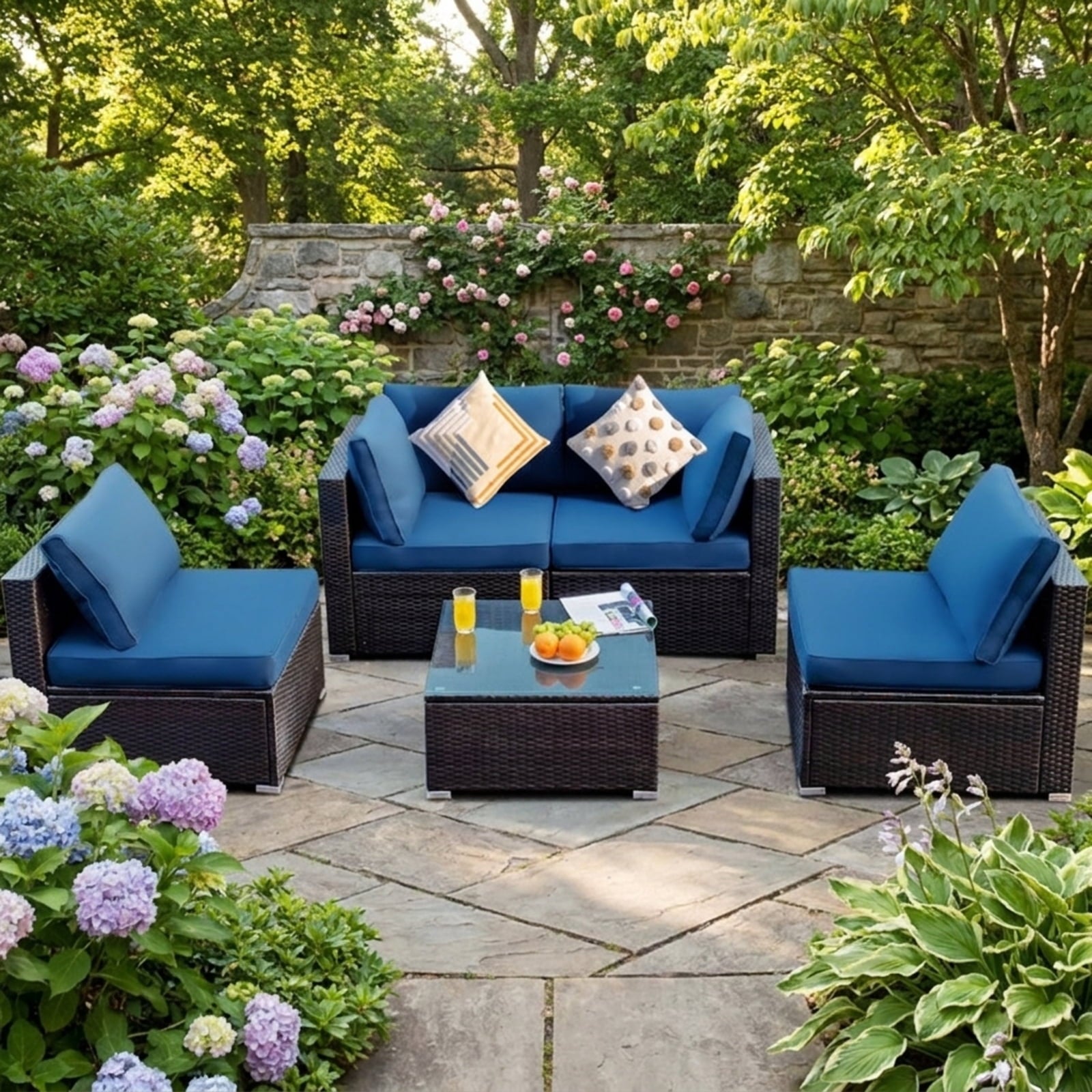 Biotree 5 Pieces Cushioned Patio Rattan Furniture Set with Glass Table Outdoor Conversation Set for Garden Backyard PorchNavy