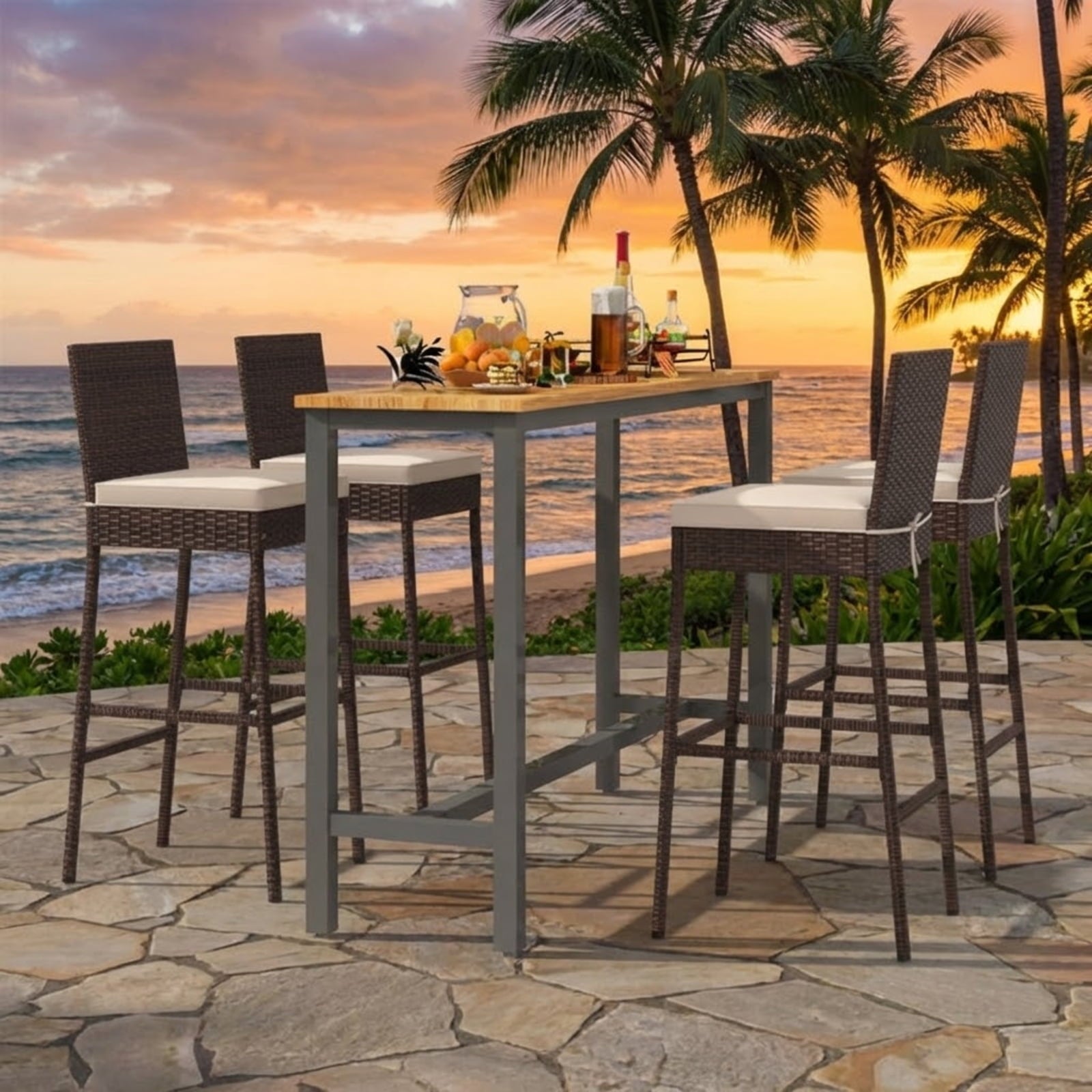 Biotree Set of 4 Patio Wicker Barstools with Seat Cushion and Footrest, PE Rattan Outdoor Bar Height Chairs with Metal Frame for Backyard Deck Garden Poolside, Mix Brown