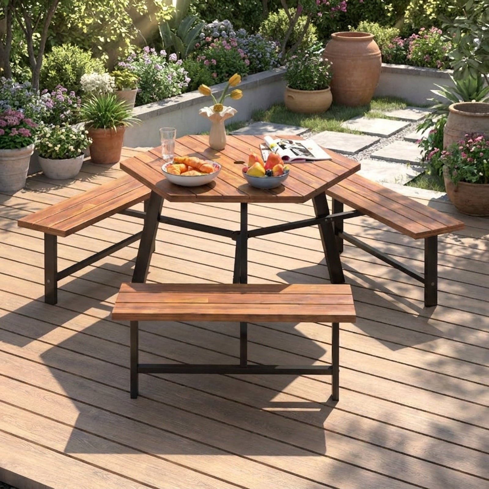 Biotree 75-Inch 6 Person Acacia Wood Picnic Table Bench Set with 3 Seats with 1.97" Umbrella Hole, Black