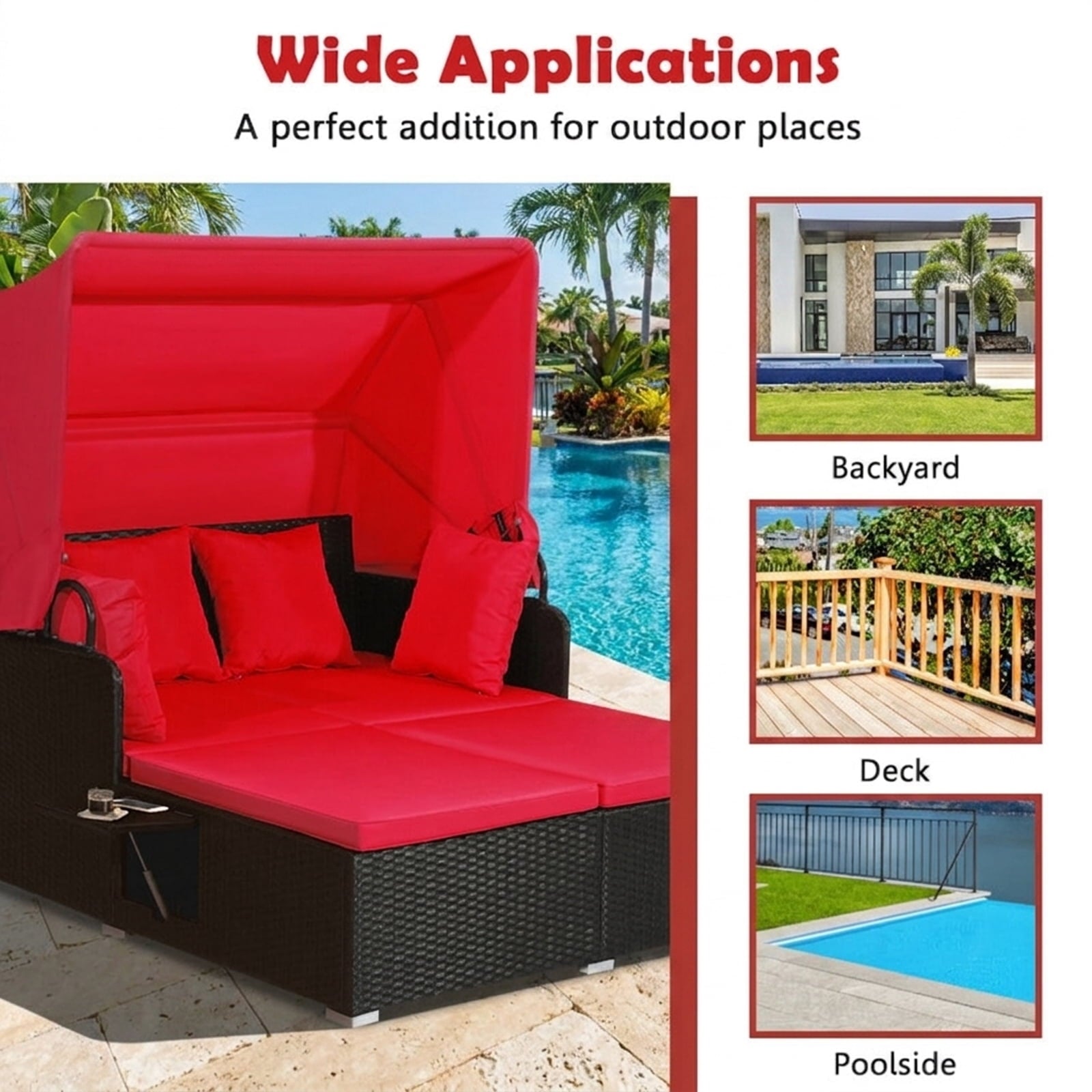 Biotree Patio Rattan Daybed with Retractable Canopy and Side Tables Outdoor Conversation Set for Garden Backyard PorchRed
