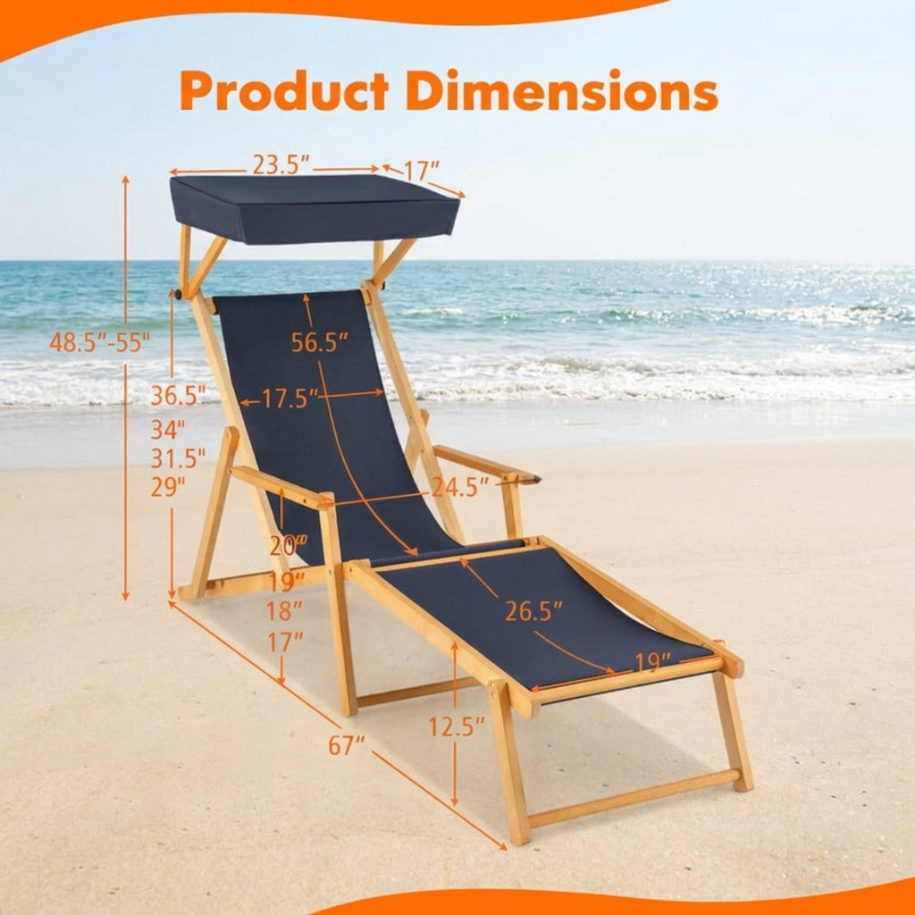 Biotree Birch Wood Chaise Lounge Chair Foldable Beach Chair with Adjustable Canopy Stackable Patio Chair for Garden BackyardNavy