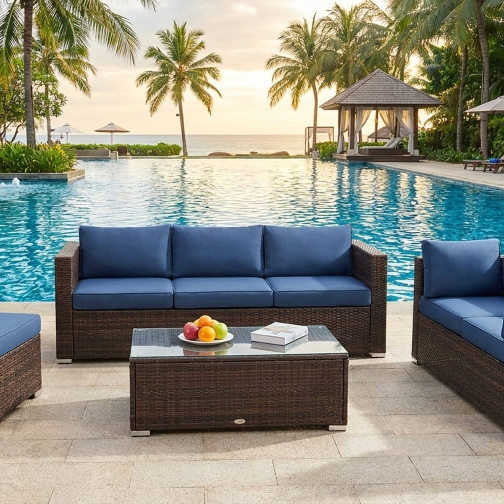 Biotree 5 Pieces Cushioned Patio Rattan Furniture Set with Glass Table Outdoor Conversation Set for Garden Backyard PorchNavy