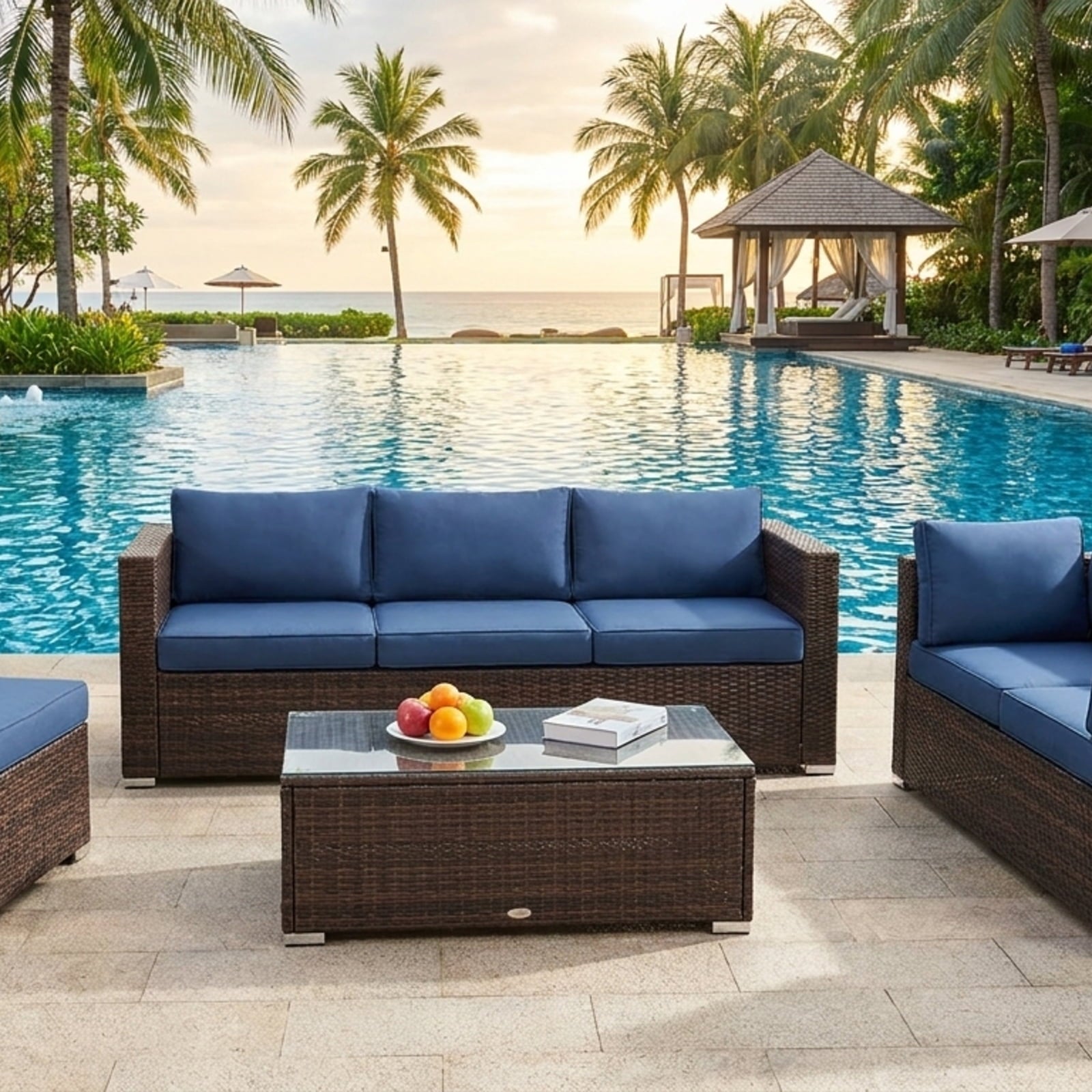 Biotree 5 Pieces Cushioned Patio Rattan Furniture Set with Glass Table Outdoor Conversation Set for Garden Backyard PorchNavy
