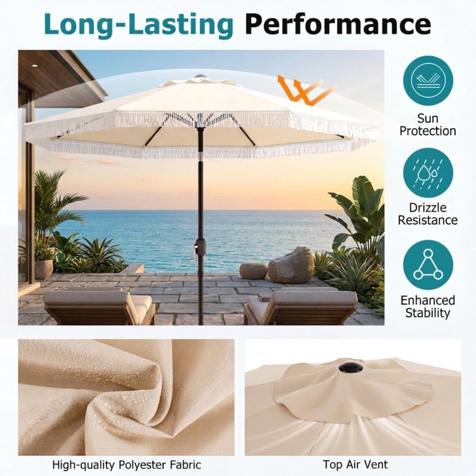Biotree 9 FT Patio Umbrella, Patio Umbrella with Sun-Protective Canopy for Patio Garden Pool for Patio Garden Backyard Pool, Beige
