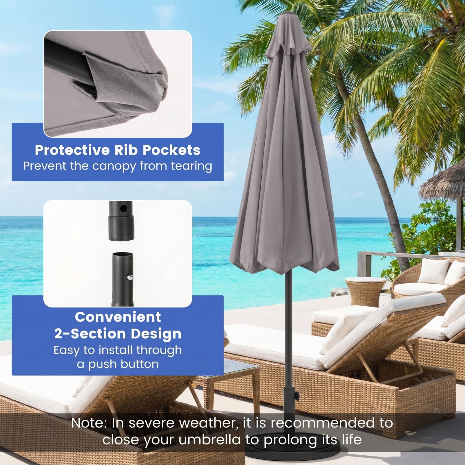 Biotree 8.5 ft Market Patio Umbrella with Crank and Tilt, 8 Sturdy Ribs, Vented Canopy - Gray for Backyard