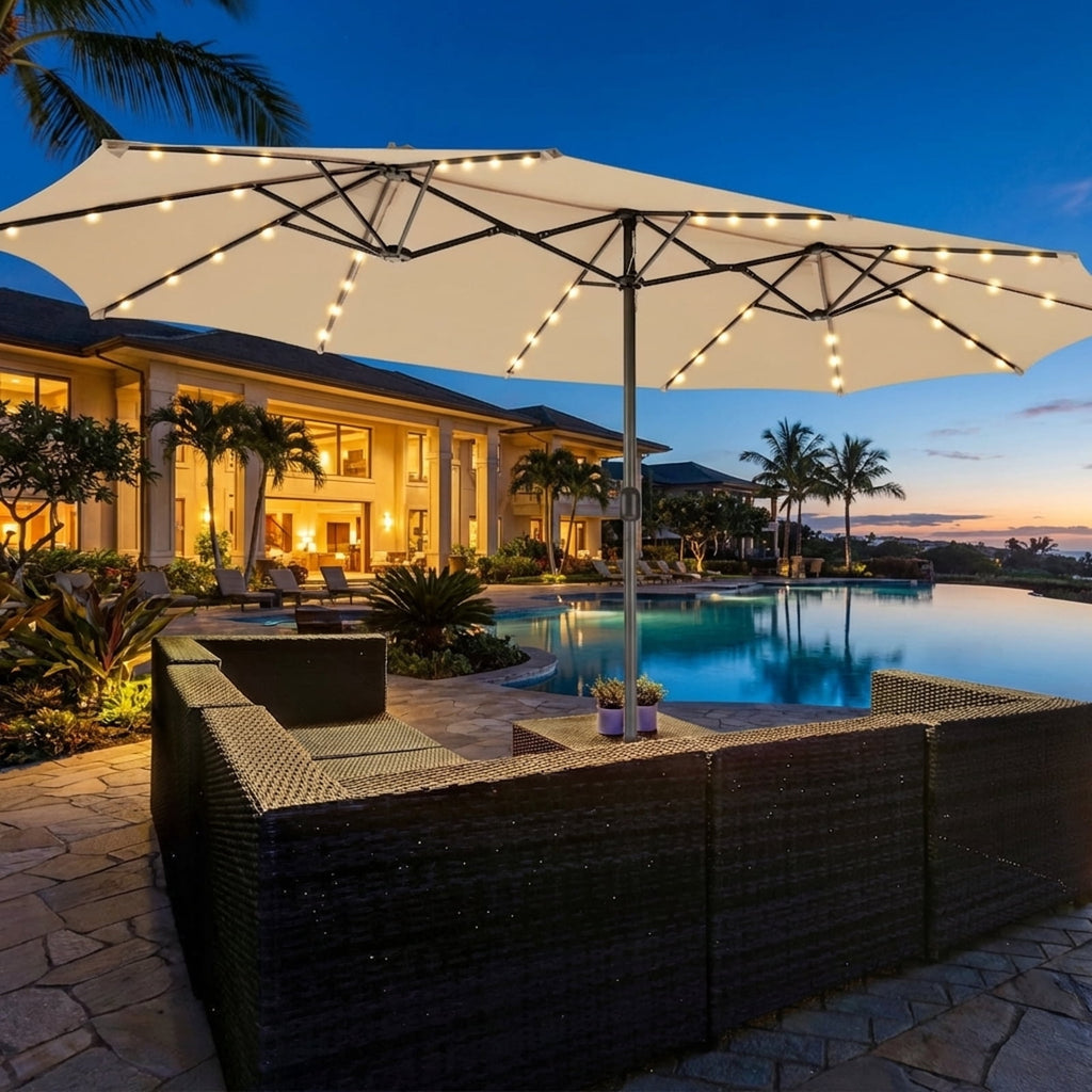 Biotree 15 Feet Double-Sided Patio Umbrella with 48 LED Lights-Beige Outdoor Backyard Deck Garden Pool