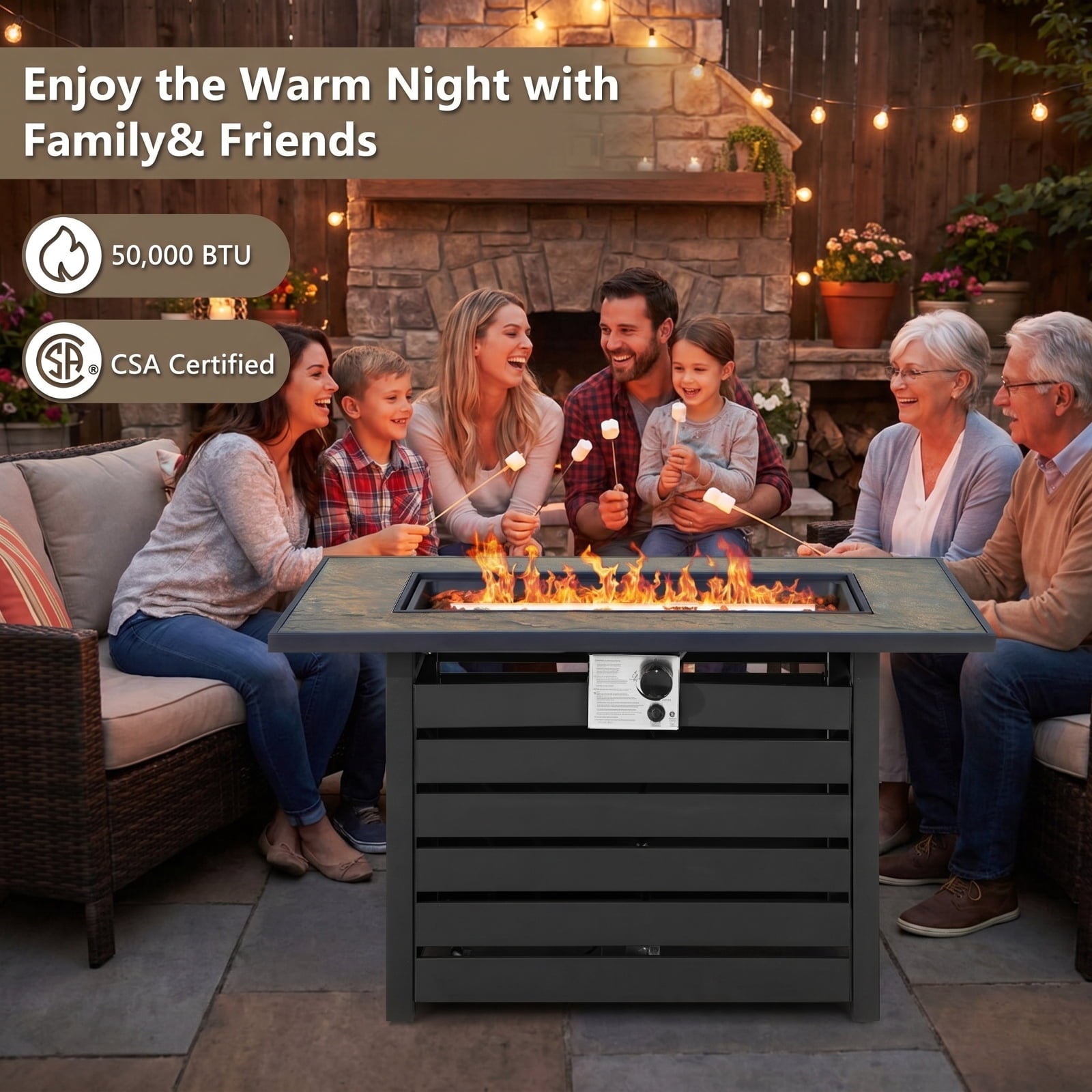Biotree 42 Inch 50000 BTU Propane Fire Pit Table with Ore Powder Surface for Outdoor Patio Backyard Garden Camping, Black