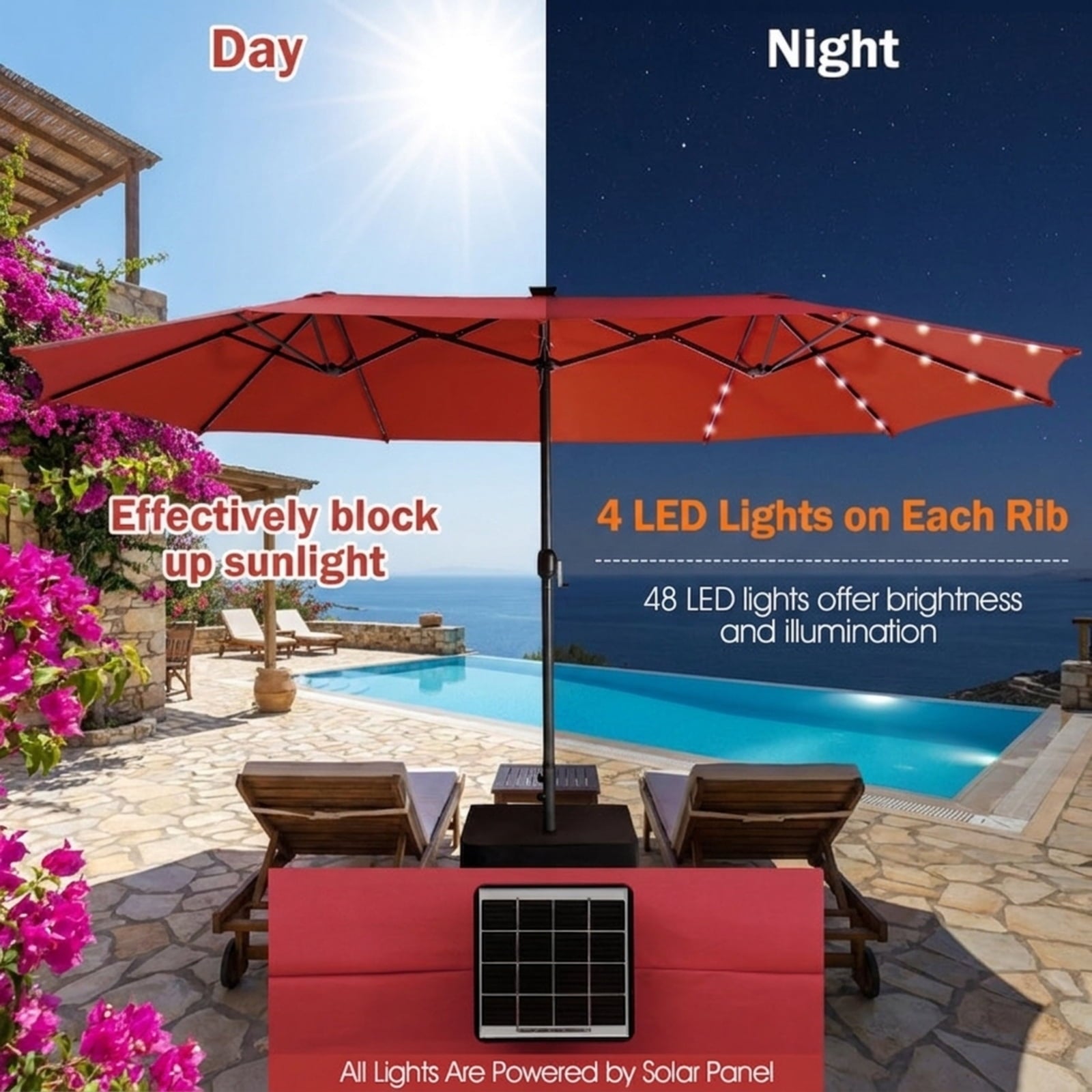 Biotree 15 FT Patio Umbrella, Twin Patio Umbrella with 48 Solar LED Lights for Patio Garden Backyard Pool, Dark Red
