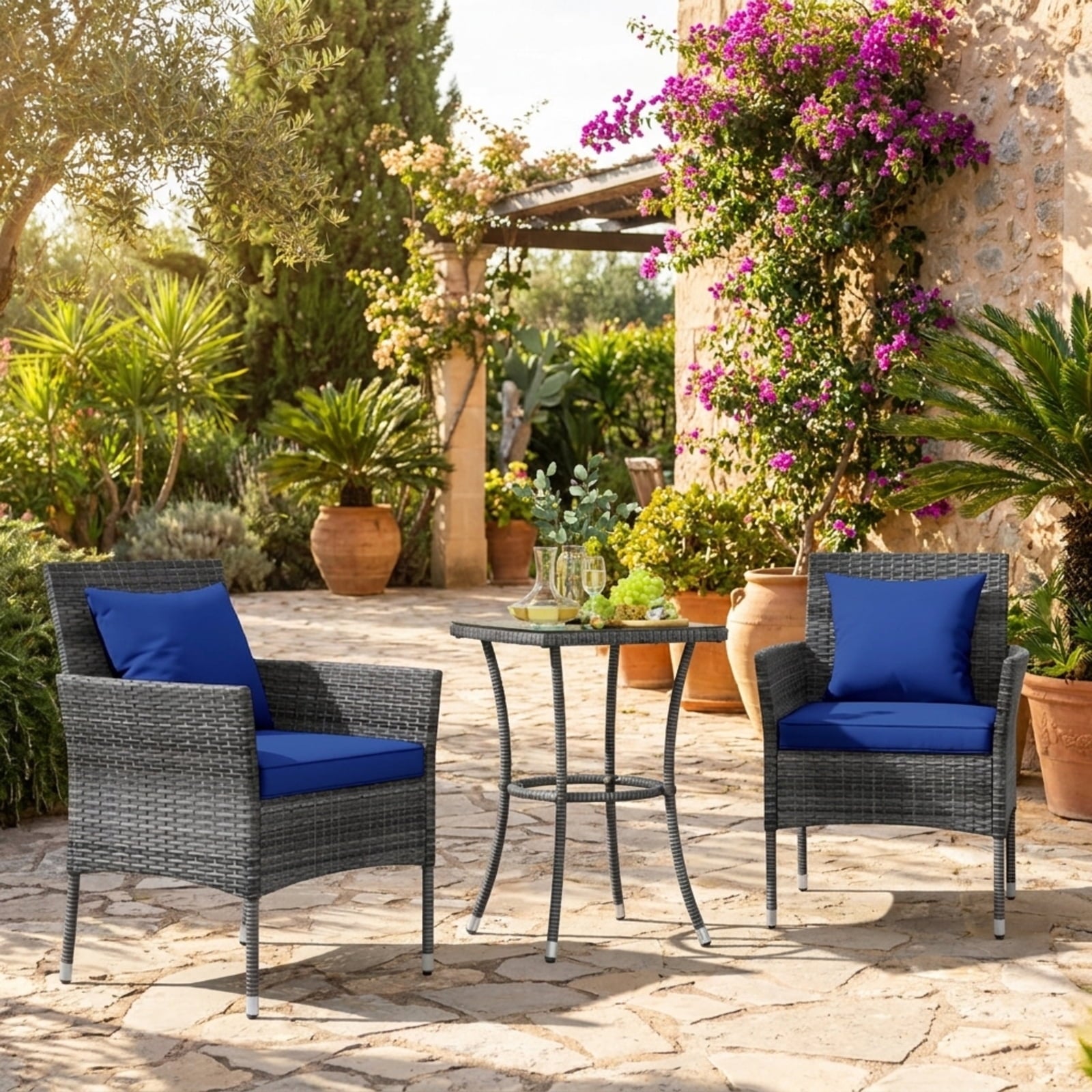 Biotree 3 Pieces Patio Furniture Set with Cushioned Patio Chairs and Tempered Glass Coffee TableNavy