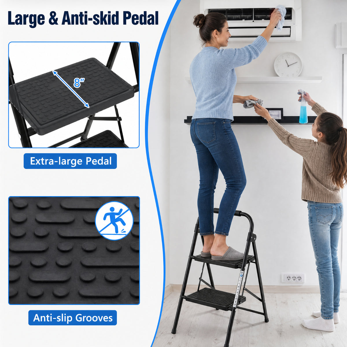 Biotree 2-Step Folding Step Ladder with 330 lb Capacity, Wide Anti-Slip Pedals and Padded Handrail for Kitchen, Home and Garage, Black