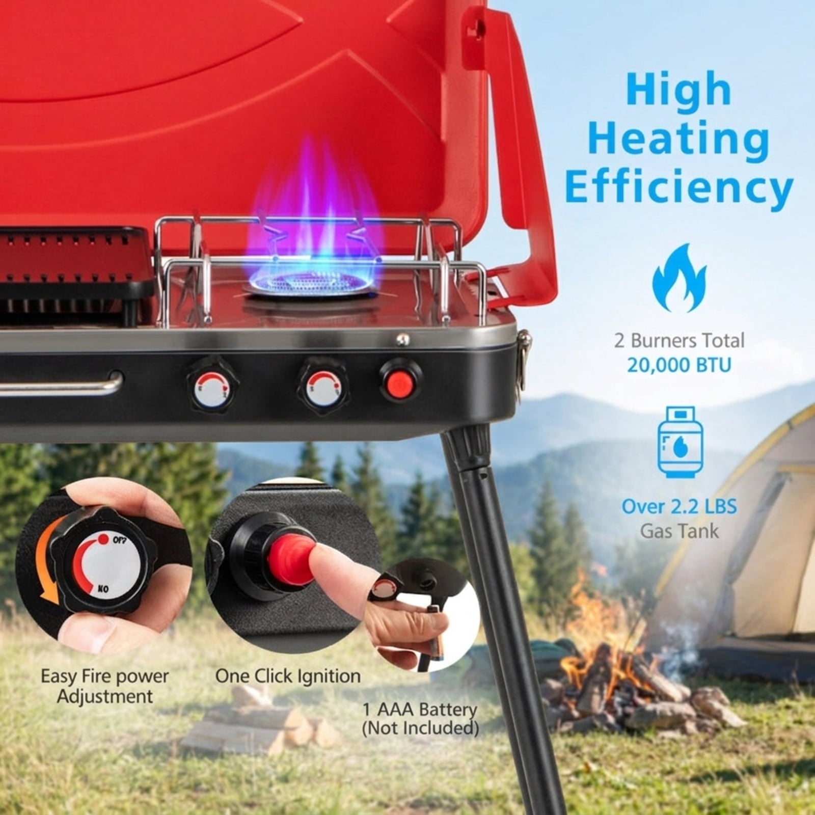 Biotree 2-in-1 Gas Camping Grill and Stove with 4 Detachable Legs for Outdoor Camping Backyard Patio Cooking, Red