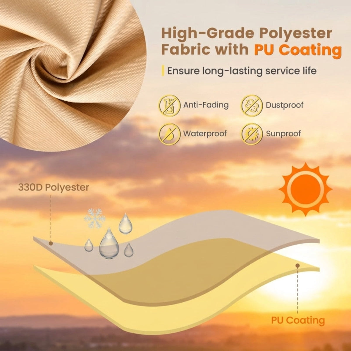 Biotree Waterproof Patio Furniture Cover with Padded Handle and Click-Close Straps Heavy Duty Outdoor Table Cover 90 x 50 x 32 Inches, Beige