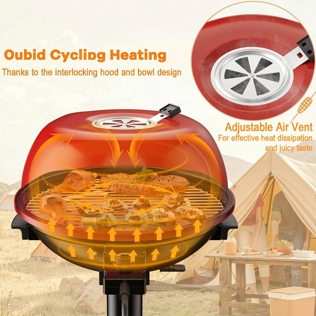 Biotree 1600W Portable Electric BBQ Grill with Removable Non-Stick Rack-Black and Red Outdoor Cooking Patio