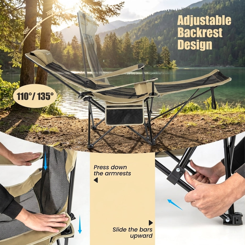 Biotree Camping Lounge Chair with Detachable Footrest Adjustable Backrest, Green