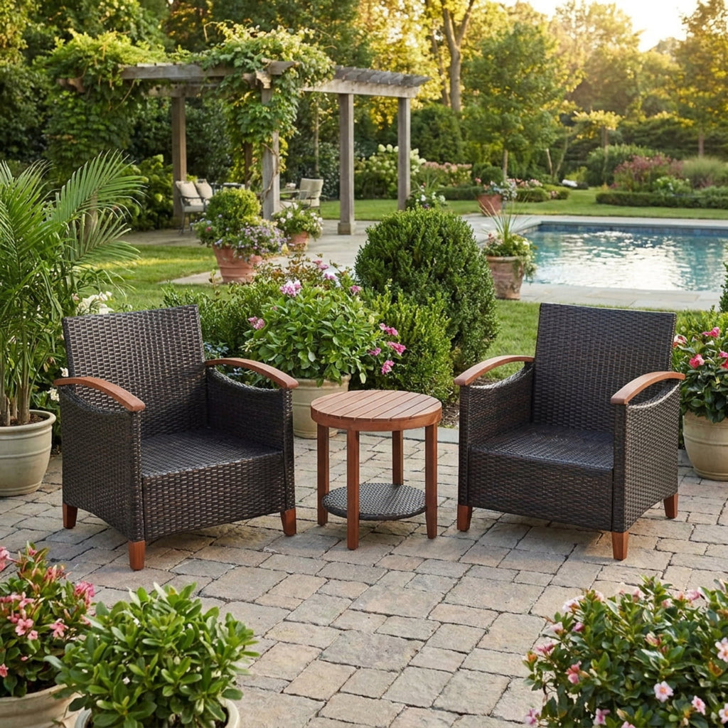 Biotree 3 Pieces Patio Rattan Furniture Set with Washable Cushion and Acacia Wood TabletopTurquoise