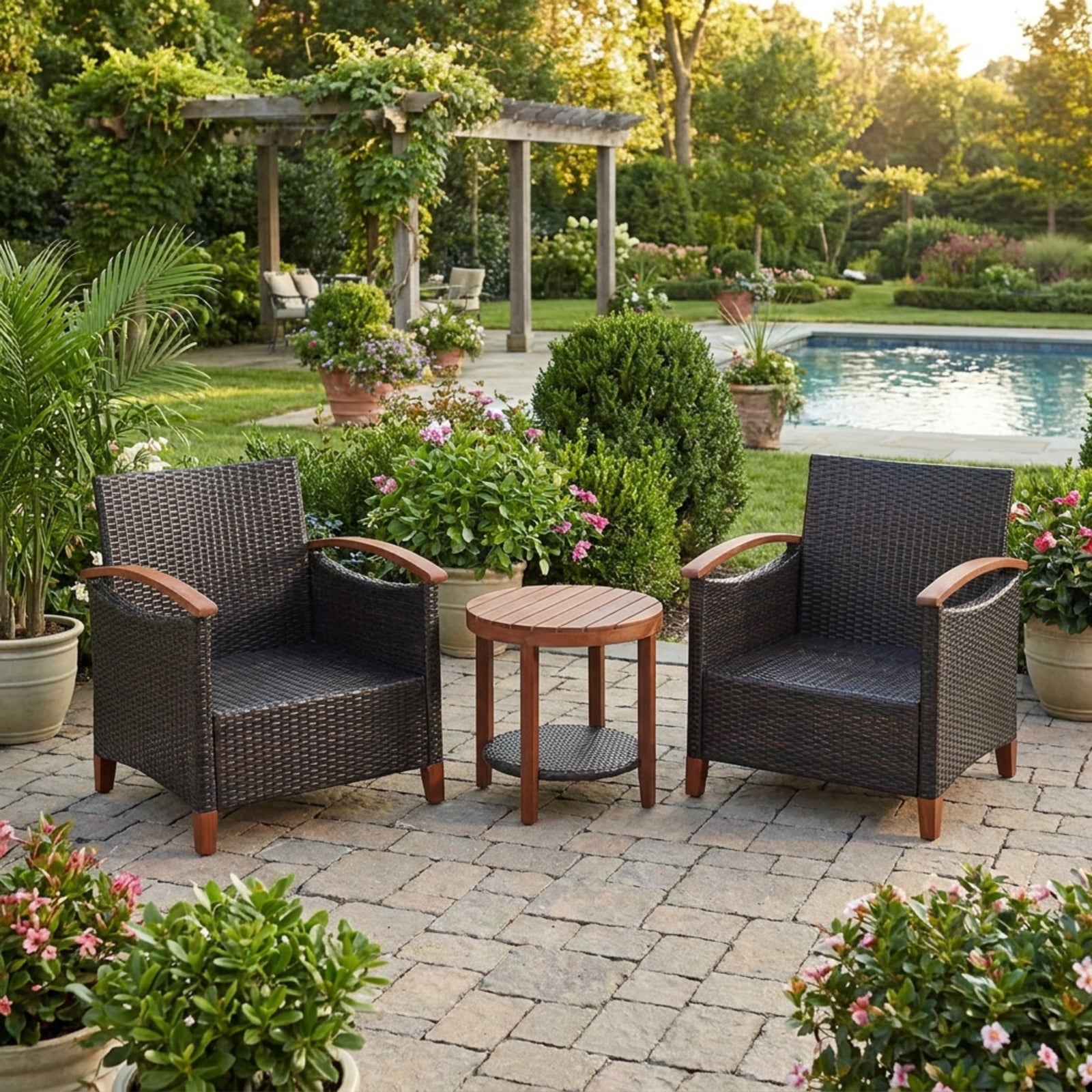 Biotree 3 Pieces Patio Rattan Furniture Set with Washable Cushion and Acacia Wood TabletopTurquoise
