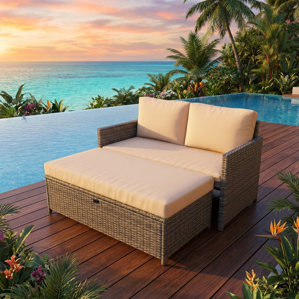 Biotree Outdoor Rattan Daybed Wicker Loveseat and 31 Gallon Storage Ottoman Outdoor Conversation Set for Garden Backyard PorchBrown