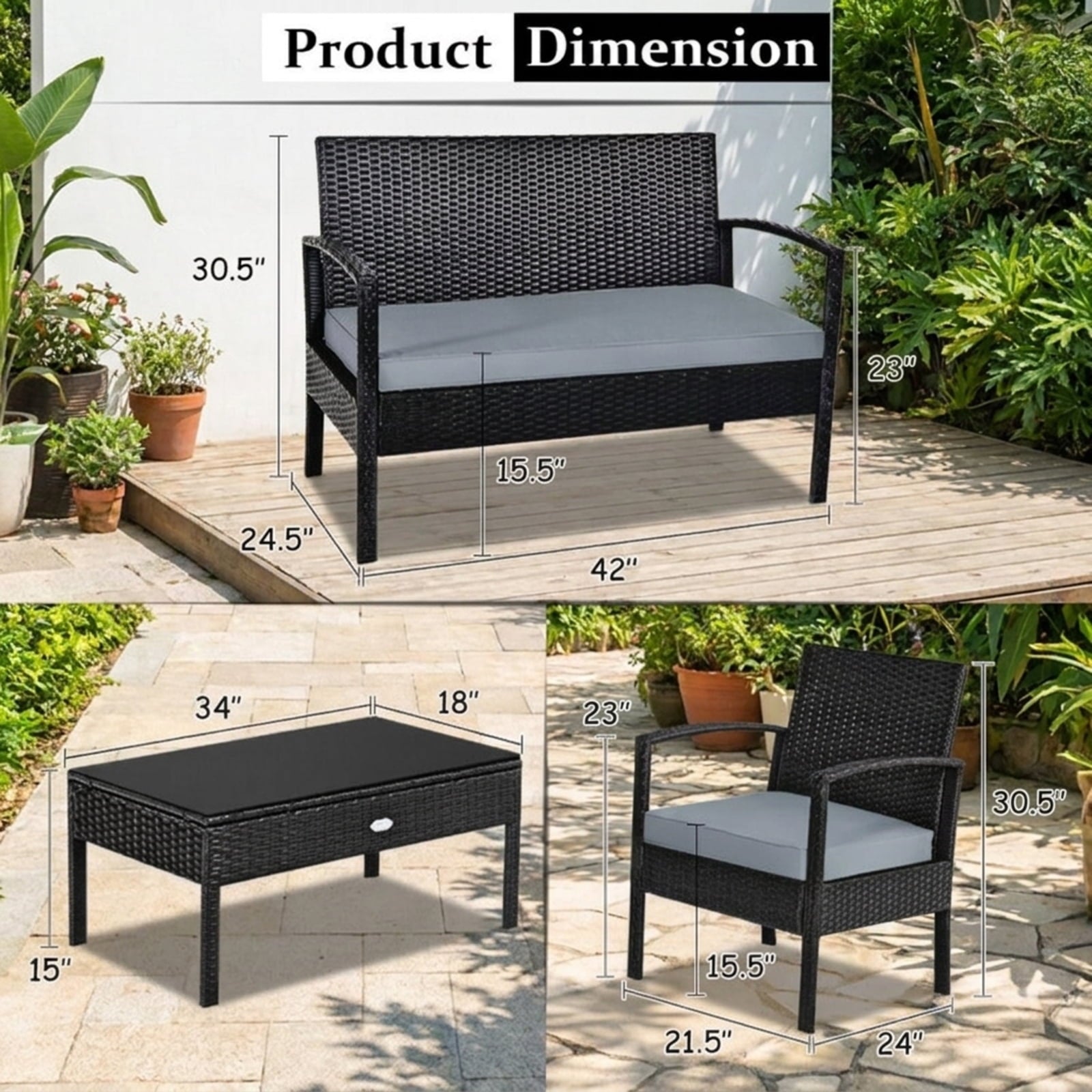 Biotree 4 Pieces Patio Rattan Cushioned Furniture Set Outdoor Conversation Set for Garden Backyard PorchGray