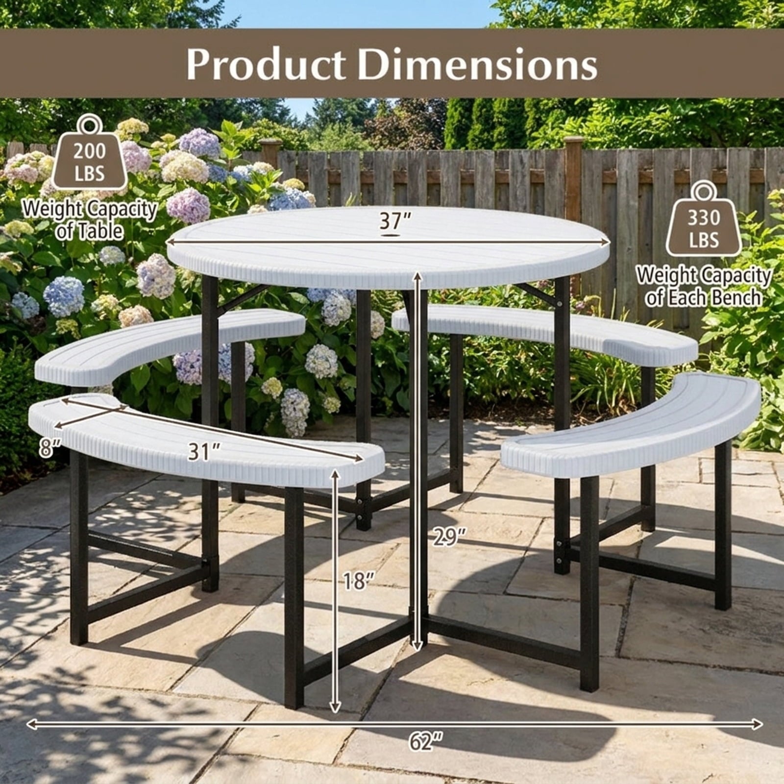 Biotree 62-Inch Round Picnic Table Bench Set with 4 Benches and Umbrella Hole for Patio Lawn, White