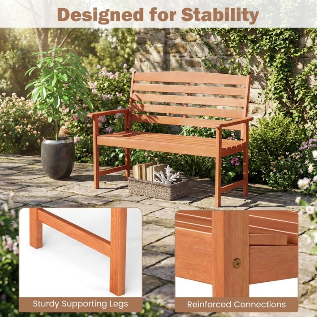 Biotree 2-Person Wooden Garden Bench with Slatted Backrest and Comfortable Armrests Stackable Patio Chair for Garden BackyardNatural