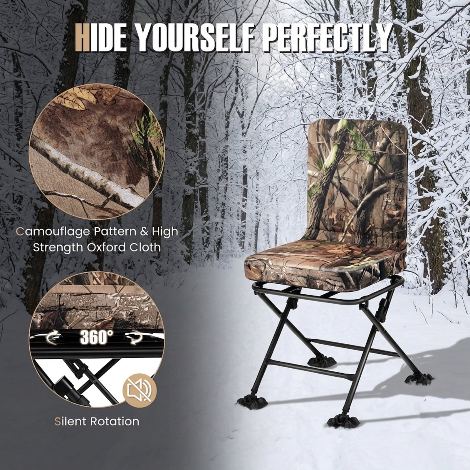 Biotree 360 Degree Swivel Folding Outdoor Chair with Padded Cushion and Adjustable Duck Feet for Hunting Camping Fishing, Camouflage