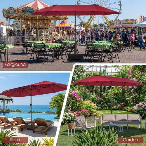 Biotree 15 ft Double-Sided Twin Patio Umbrella Crank Tilt Outdoor Shade - Red - UV Protection with Cross Base
