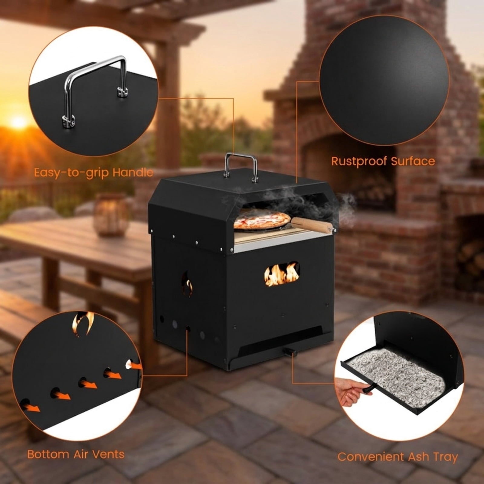 Biotree 4-in-1 Outdoor Portable Pizza Oven with 12 Inch Pizza Stone for Outdoor Backyard Camping Patio BBQ, Black