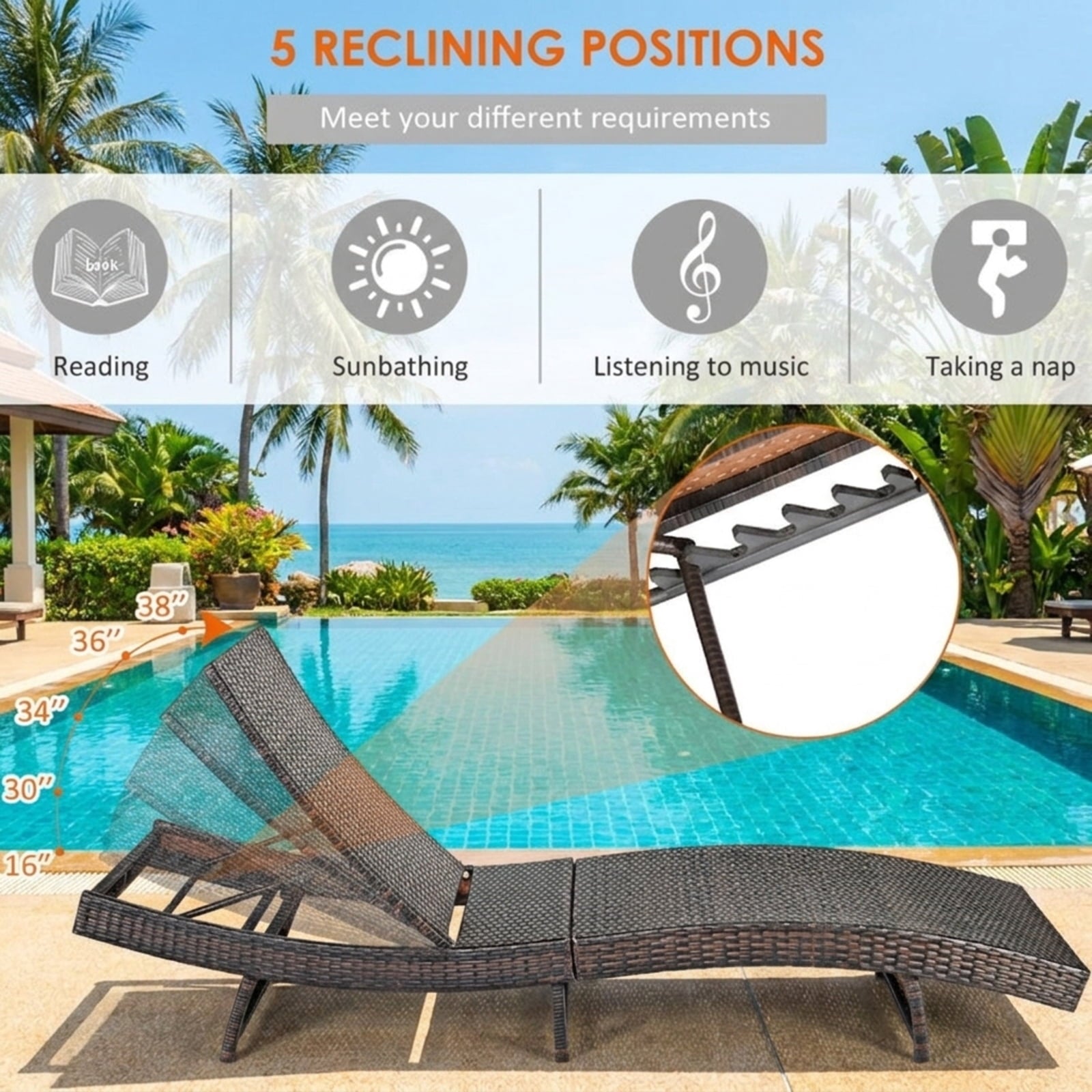 Biotree Patio Folding Chaise Lounge with 5 Adjustable Levels and Cushion Stackable Patio Chair for Garden BackyardWhite