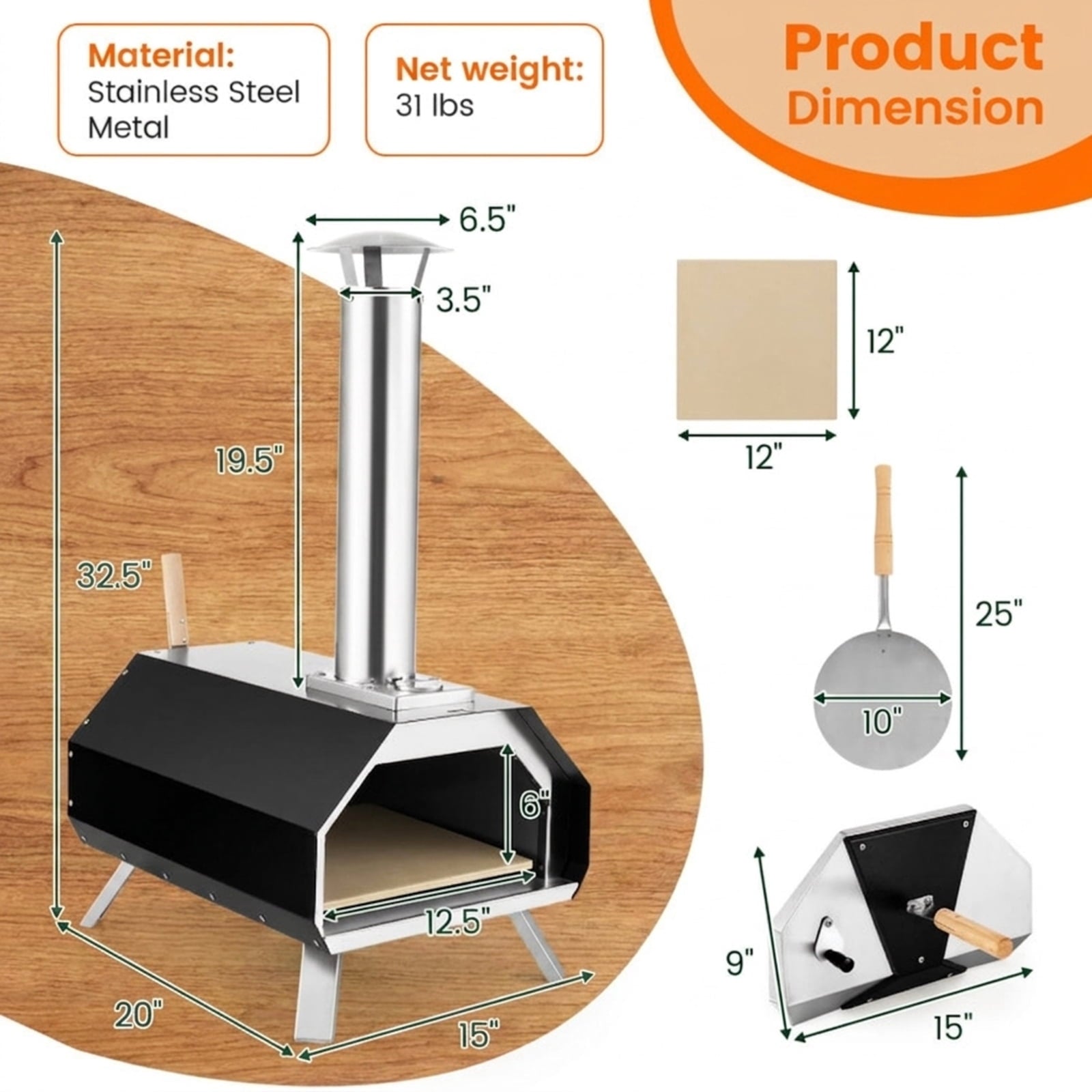 Biotree Outdoor Pizza Oven with Pizza Stone and Foldable Legs for Camping for Outdoor Backyard Camping Patio BBQ, Black