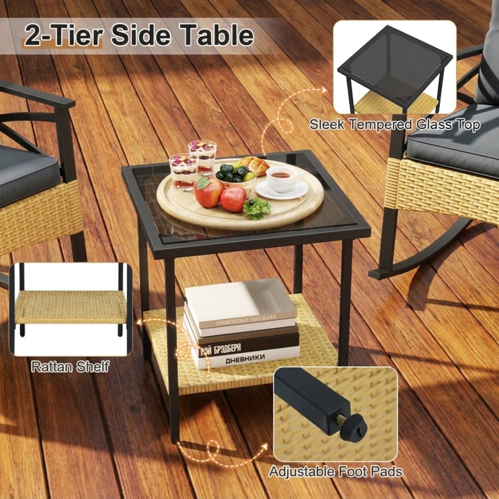 Biotree 3 Pieces Outdoor Rattan Rocking Chairs Set with 2-Tier Side Table for Garden Backyard Outdoor Conversation Set for Garden Backyard PorchGray