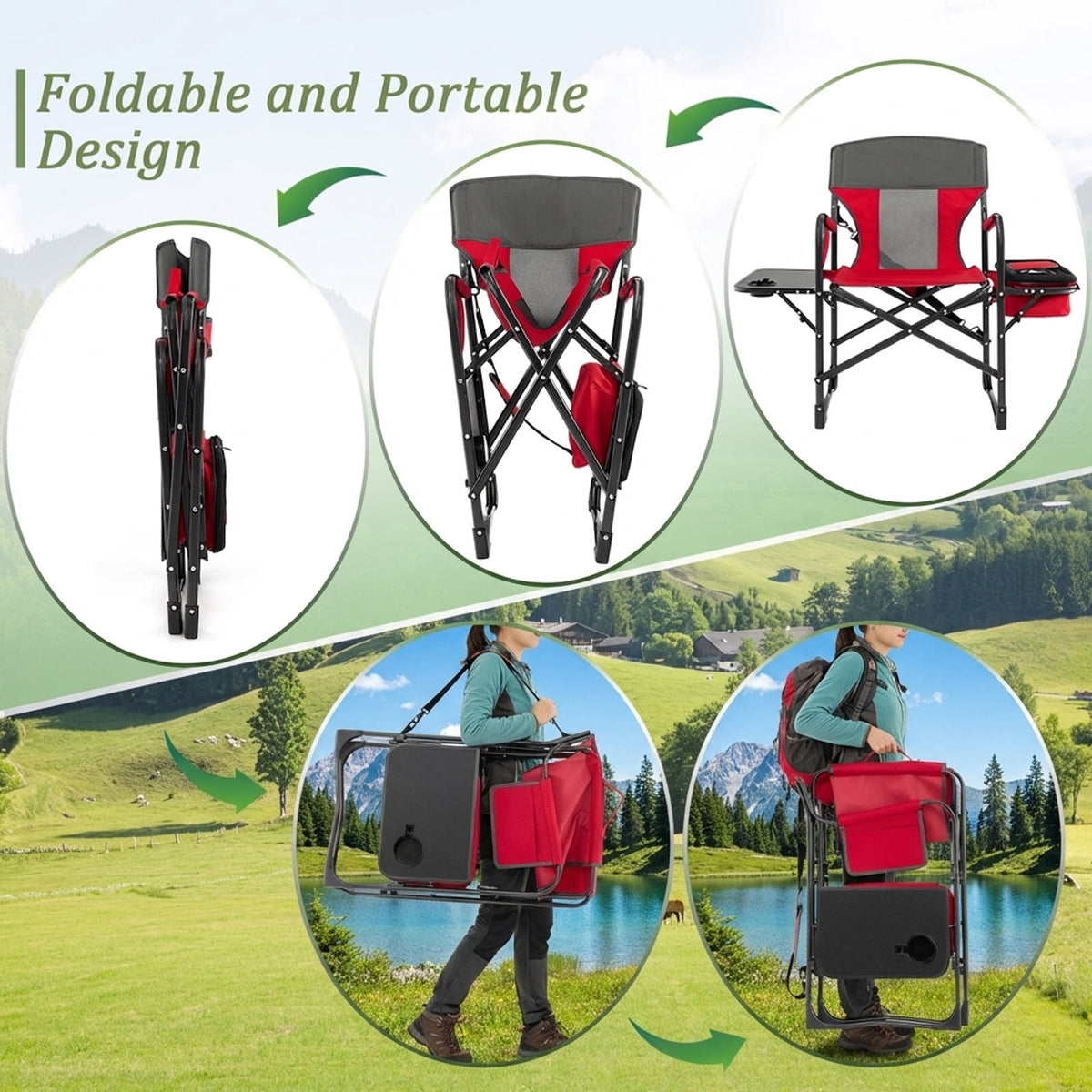 Biotree Folding Directors Camping Chair with Cooler Bag and Side Table Heavy Duty 400 lb Capacity Portable Outdoor Chair, Red