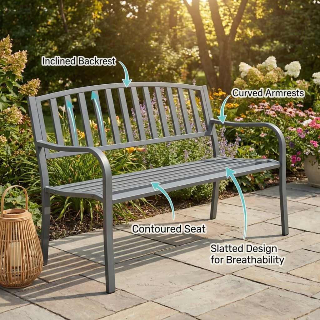 Biotree 50 Inches Outdoor Garden Bench with Geometric Lattice Backrest and Slatted Seat Stackable Patio Chair for Garden BackyardGray