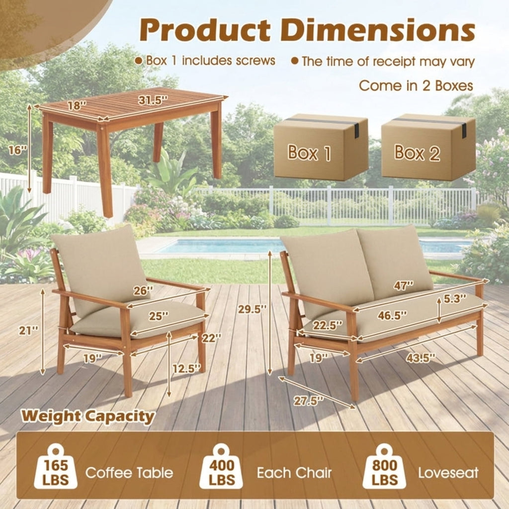 Biotree 4 Pieces Outdoor Acacia Wood Conversation Set with Soft Cushions and Coffee Table Outdoor Conversation Set for Garden Backyard PorchWhite