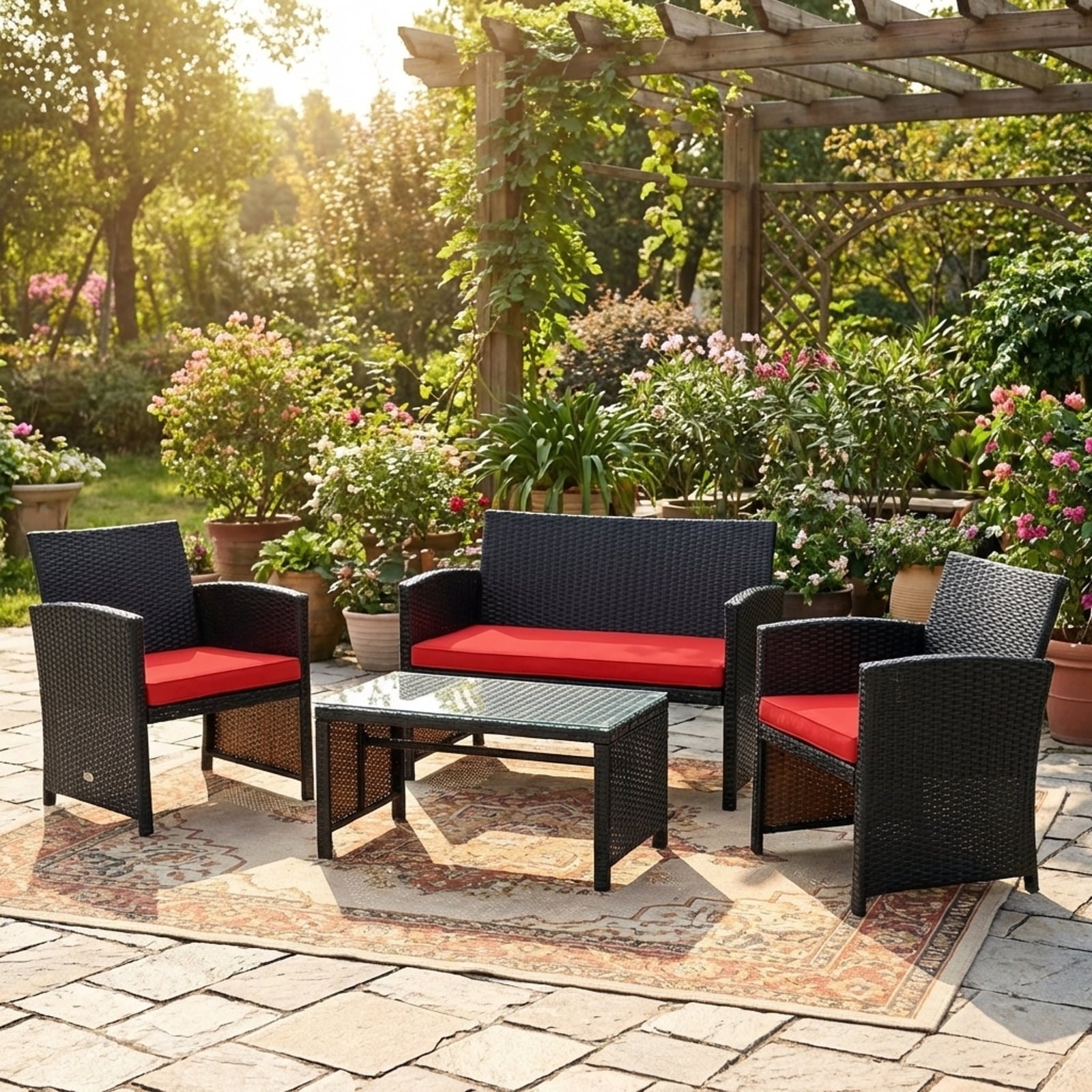 Biotree 4-Piece Patio Rattan Cushioned Furniture Set-Red